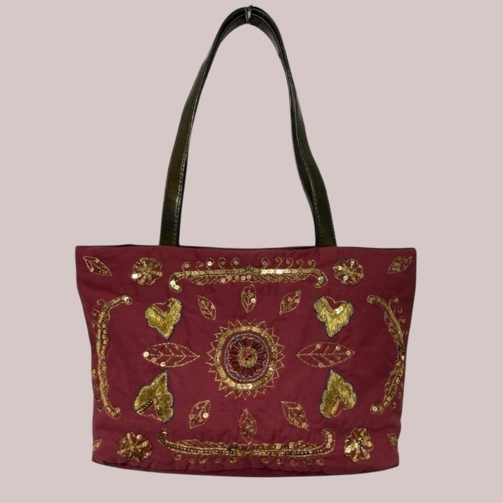 Vintage Red Gold Embroidered Tote Bag | Sequin Beaded Ethnic India Purse